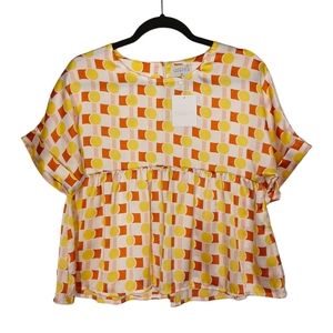 COMPANIA FANTASTICA Orange Yellow Retro Print Babydoll Short Sleeve Top NWT S